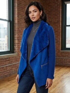 12th Love Royal Blue Faux Shearling Teddy Sweater Jacket Cardigan Blazer Size S